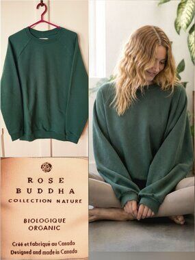 Rose Buddha Organic Green Oversized Crewneck Sweatshirt M Made in Canada Yoga
